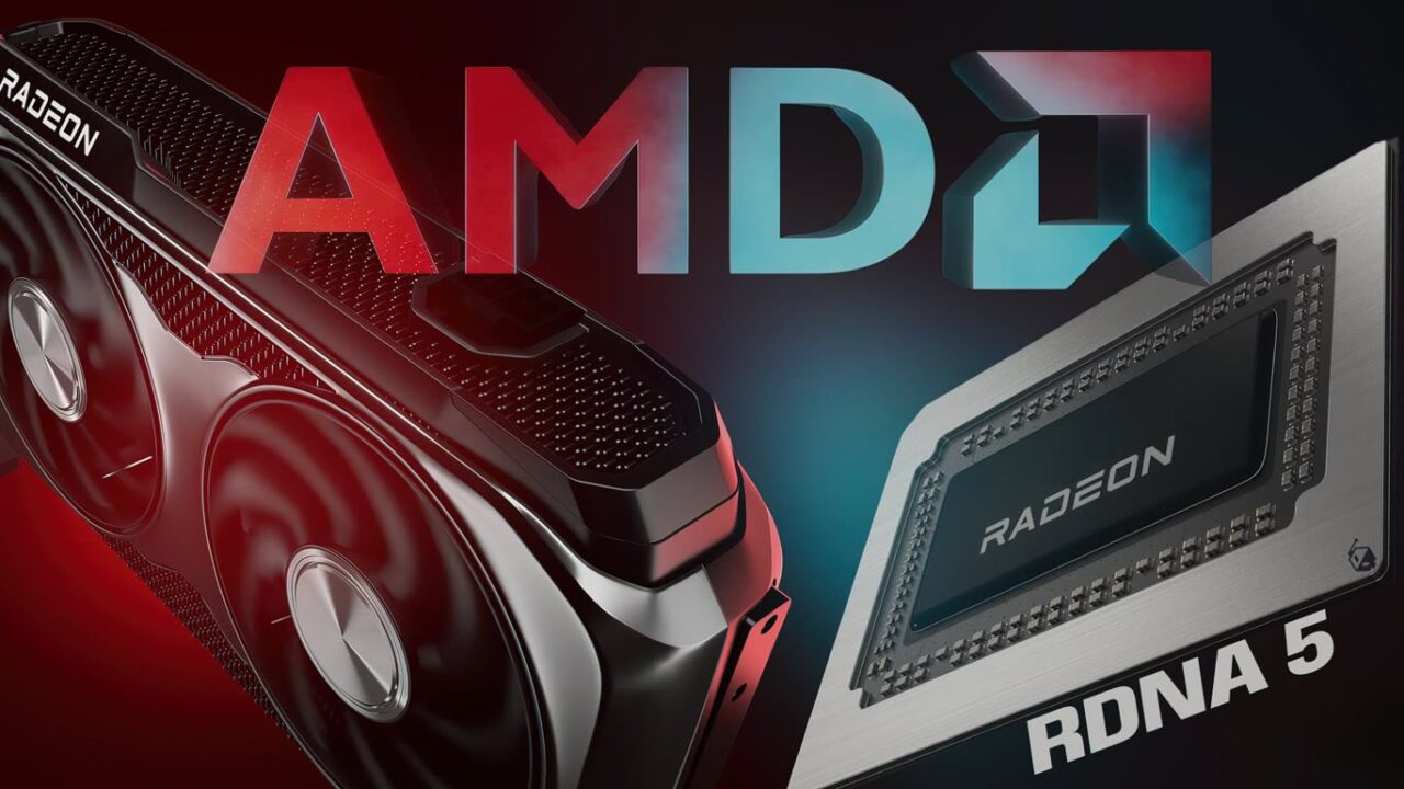 1000042257 Close-up of an AMD Radeon graphics card with RDNA 5 logo and dual-fan cooler, lit in red and blue.