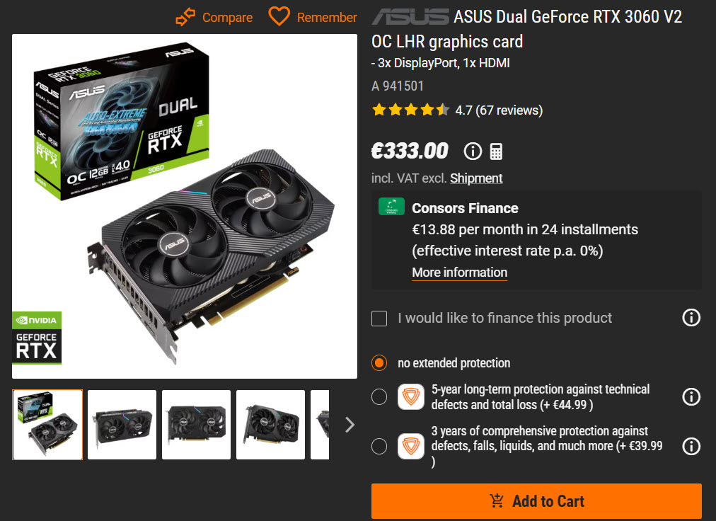 1000046752 GeForce RTX 3060 graphics card with dual fans beside its packaging box (ASUS branding) on a white background, angled view