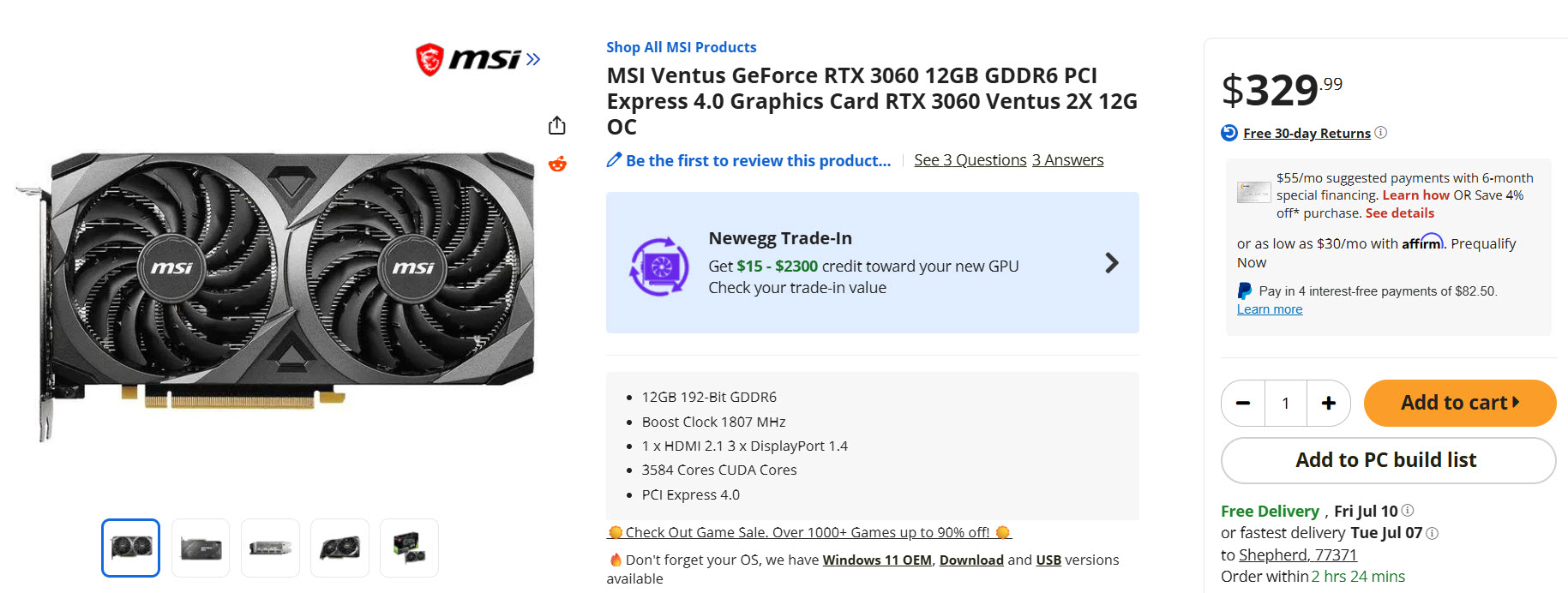 1000046754 MSI GeForce RTX 3060 12GB graphics card with dual fans and PCIe edge connector