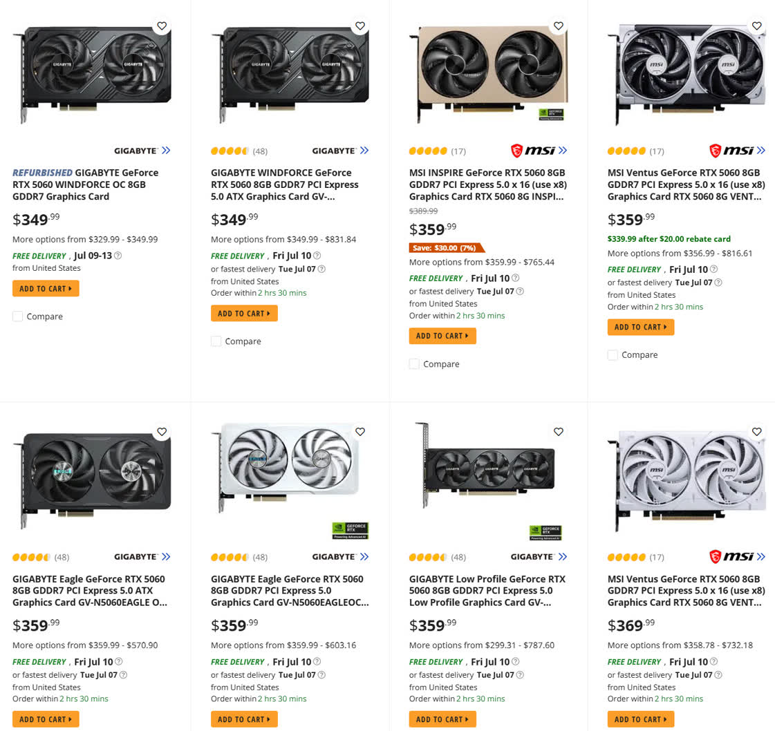 1000046756 Grid of GPU product cards from Gigabyte and MSI with prices and Add to Cart buttons for each item.