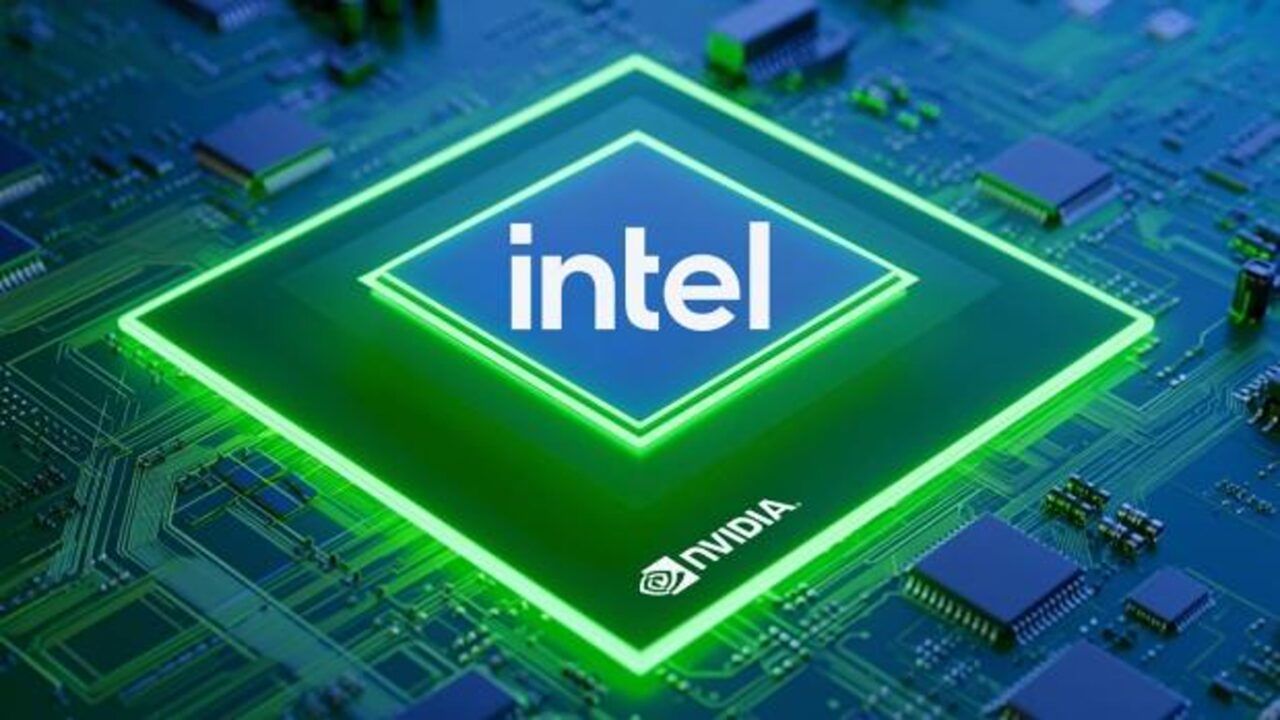 112209_2_intel-x86-processors-with-geforce-rtx-graphics-are-reportedly-coming-in-2028 Intel logo centered on a glowing green processor chip atop a blue circuit board, with Nvidia branding visible on the chip edge.