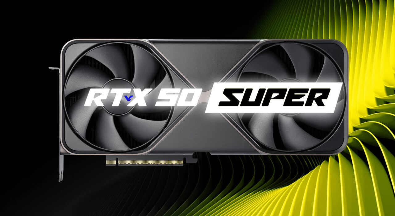 High-end GPU graphics card with dual cooling fans and a bold 'RTX 50 SUPER' logo across the center against a dark and yellow-green background.